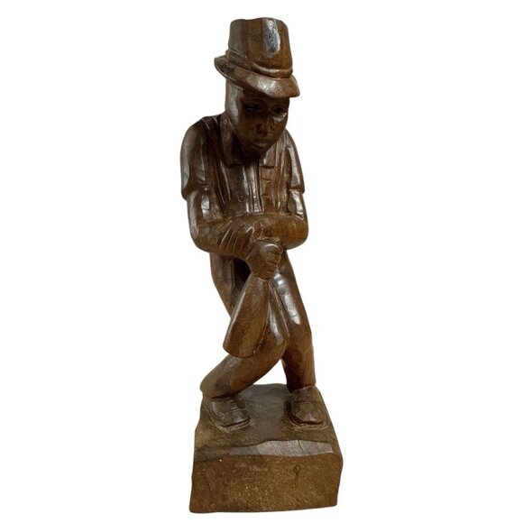 Vintage Hand Carved Folk Art Wooden Man Statue Hat & Suspenders 10" - Picture 4 of 8